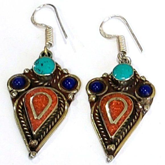 Hand Crafted Jewelry - Tibetan Turquoise Lapis Lazuli Gem 925 Drop Earrings